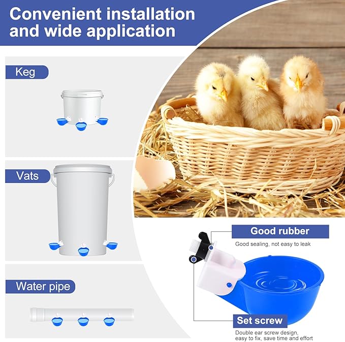 Chicken Waterer Cups (8 Pack/Blue) - DIY Automatic Large Chicken Water Feeder for Ducks,Chicks, Turkeys, Quail, Bunny, Bird and Other Various Poultry Dispenser with Matching Drill