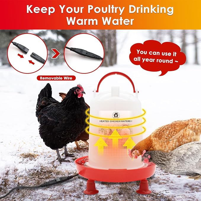 3L Chicken Waterer Heated for Winter Chicken Water Heater with Adjustable Leg Support 35W BPA-Free Heated Poultry Waterer Heavy Duty All in One Heated Waterer for Chicken Coop
