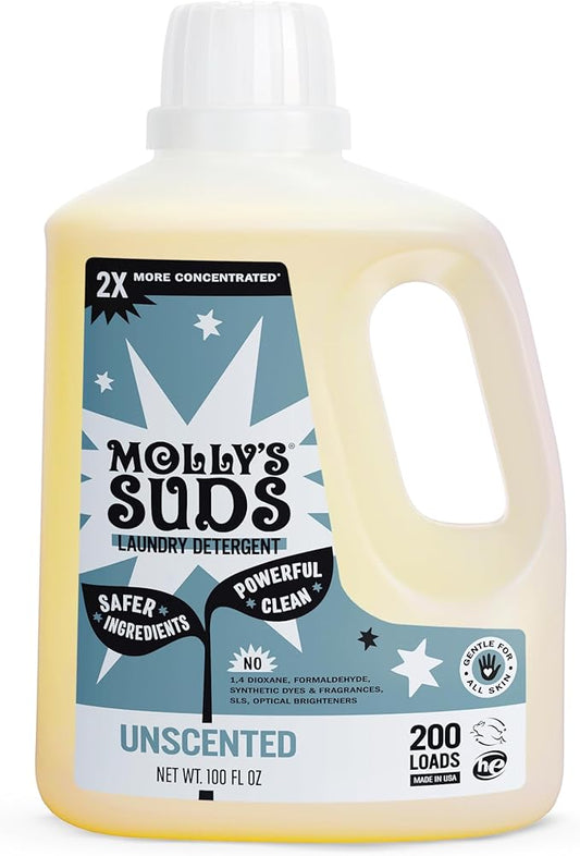 Molly's Suds Liquid Laundry Detergent | Clean Laundry Detergent Soap for Sensitive Skin | 2x Concentrated, High Efficiency (HE) (Unscented - 200 Loads)