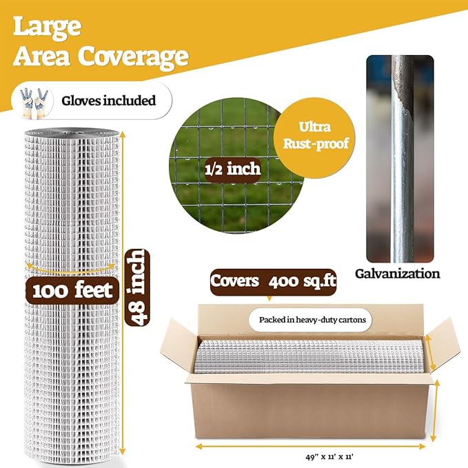 HORCH Hardware Cloth 1/2 inch 48 x 100 Ft 19-Gauge, Chicken Wire Fencing, Chicken Wire Mesh Roll, Mesh Wire Fencing, Gopher Wire for Underground, Rabbit Wire, Chicken Coop Cover, Cage Wire