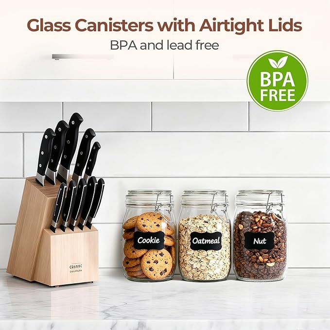 ComSaf Airtight Glass Canister Set of 3 with Lids 34oz Food Storage Jar Round - Storage Container with Clear Preserving Seal Wire Clip Fastening for Kitchen Canning Cereal,Pasta,Sugar,Beans,Spice