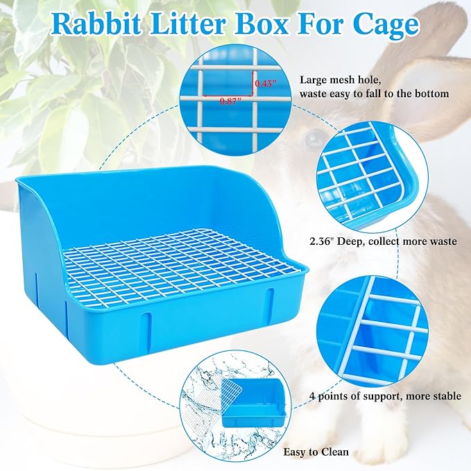 kathson Rabbit Litter Box Toilet Pet Potty Trainer Cage Corner Tray Pan Litter Bedding Box Hanging Water Fountain Automatic Dispenser for Adult Guinea Pigs Rabbits Hamster Chinchilla Ferret Blue