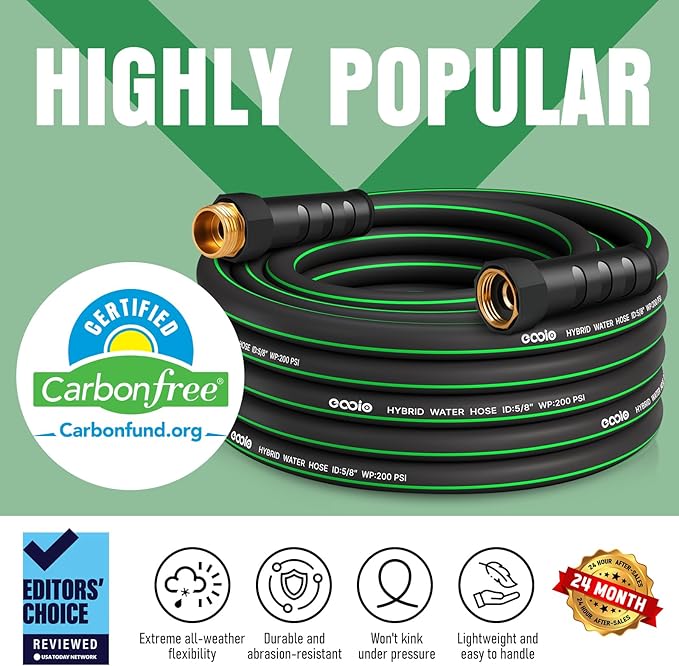 Garden Hose 25 ft with 10 Function Nozzle Sprayer, Heavy Duty Flexible Water Hose, No-Kink Lightweight Hybrid Hose, Leakproof Hose Male to Female Fittings