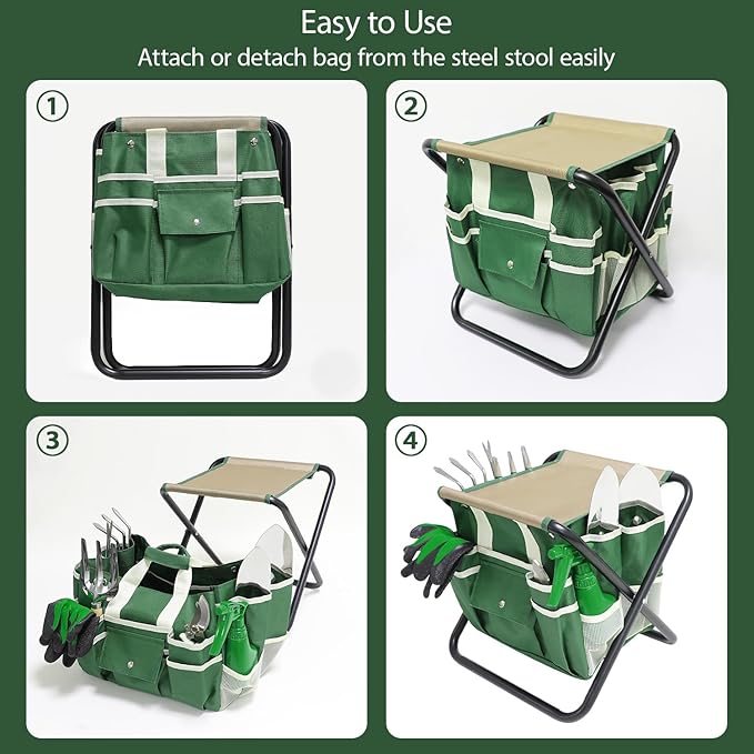 Garden Tool Set, 10 Piece Kit with Heavy Duty Folding Stool, Detachable Storage Tote Bag, Stainless Steel Tools, Gifts for Women Men Green