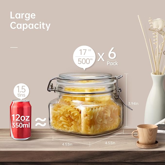 17oz - 6 Pack Square Glass Jars with Airtight Lid, Wide Mouth Mason Jars with Clamp Lids, Air Tight Glass Canisters, Best Food Storage Containers for Cereal, Pasta, Rice, Sugar, Coffee, Spice