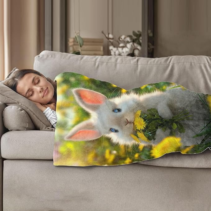 Cute Bunny in Flowers Pattern Throw Blanket 60"x80", Cute Animal Lover Blankets for Bedroom Decor, Soft Flannel Polyester Bunny Gifts for Women Kids