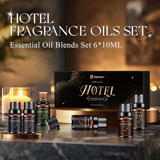 Hotel Diffuser Oils, Hotel Collection Diffuser Oil, Luxury Essential Oil Set for Diffuser, Soap & Candle Making Scents - My-Way, Dream State, Coastal Cabine, Gloden Magic, Midnight Velvet