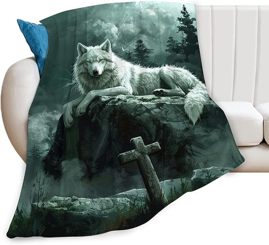 Wolf Christian Throw Blanket for Women Men Adults - Soft Warm Cozy Fleece for Couch Sofa Bed - Wolf Gifts and Decor - 60"x50"