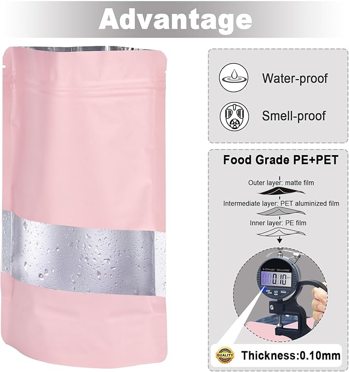 4.7"x7.8" 120pcs Mylar Bags for Food Storage,Smell Proof Bag with Matte Window Resealable Food Storage Bags for Small Business, Stand-up Foil Pouch Packaging Freeze Dried Candy Bag(Pink)