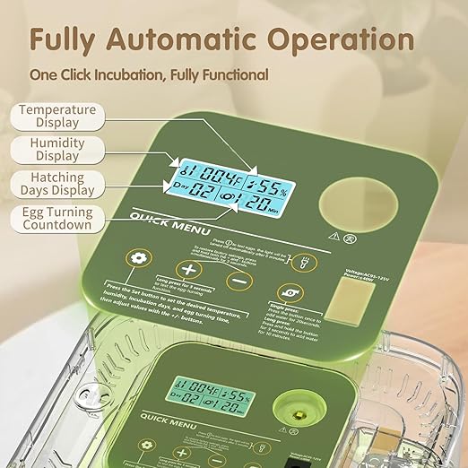 12 Egg Incubator with Automatic Turning, Temperature and Humidity Control, LED Egg Candler, and Auto Water Addition, for Hatching Chicken, Goose, Duck, Quail, Pigeon, and Turkey Eggs