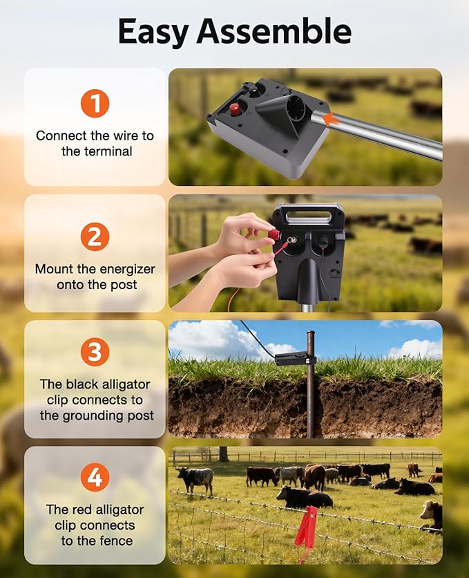 10 Miles Solar Electric Fence Charger: 0.20J Portable Energizer with Rechargeable Solar Panel for Livestock, Predator Protection, Solar Fence Charger with Day or Night Mode, Easy Installation