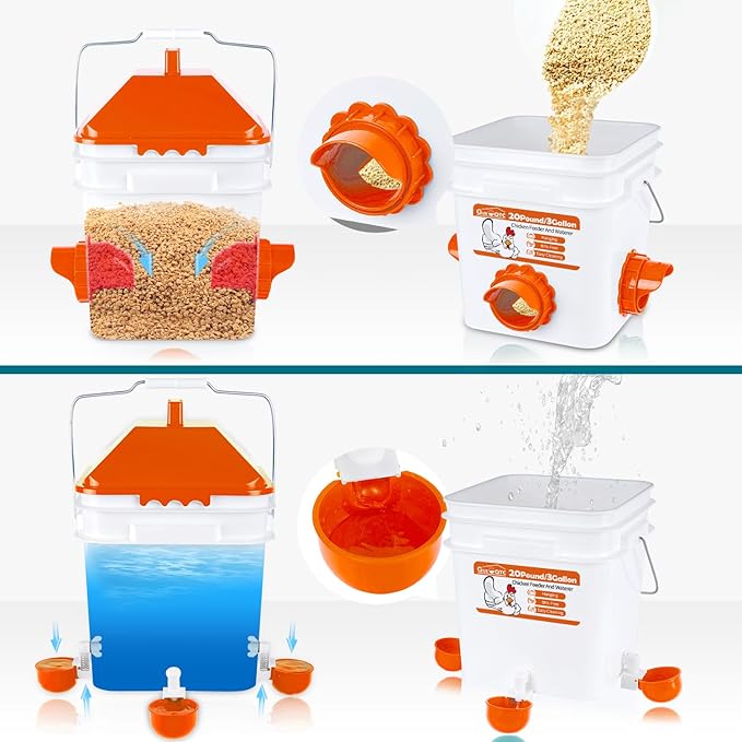 20 Pounds Chicken Feeder and 3 Gallon Chicken Waterer,High-Capacity Hanging Chicken Feeder and Waterer Set for up to 20 Chicks/15 Adult Chickens(Orange)