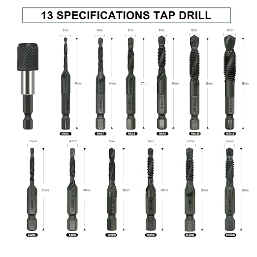 Combination Drill and Tap Bit Set with Quick-Change Adapter of 13Pcs, 6 SAE Sizes: 6-32NC to 1/4-20NC, 6 Metric Sizes: M3 to M10,Suitable for Drilling Tapping Threading Countersinking