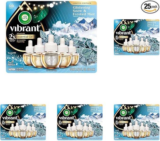 Air Wick Plug In Advanced Scented Oil,Glistening Snow Frosted Mint,Air Fresheners for Home Long Lasting, Room Freshener, House Essentials for Small Spaces + Large Spaces (Pack of 25)