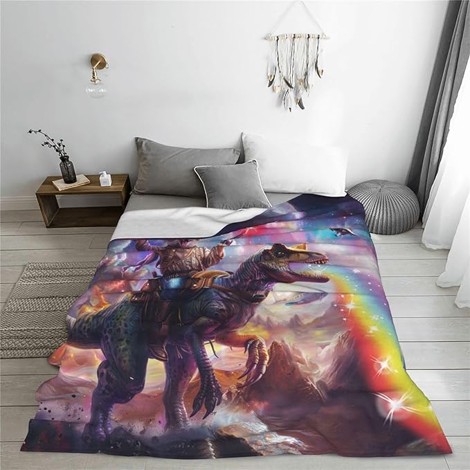 Funny Cat Dinosaur Blanket Galaxy Space Rainbow Decor Throw Blanket Cozy Plush Flannel Fleece Warm Soft Lightweight Fuzzy Blanket Funny Gifts for Boys Girls Teens Women for Bed Sofa Couch 50"X60"