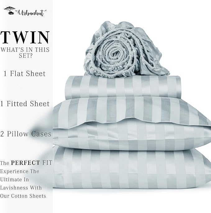 URBANHUT 1000 Thread Count Damask Striped Twin Size Egyptian Cotton Sheets, Long Staple Soft & Breathable, 4 Pc Bed Sheet Sets, Luxury Hotel Sateen Sheets Fits 16" Deep Pocket - Light Blue