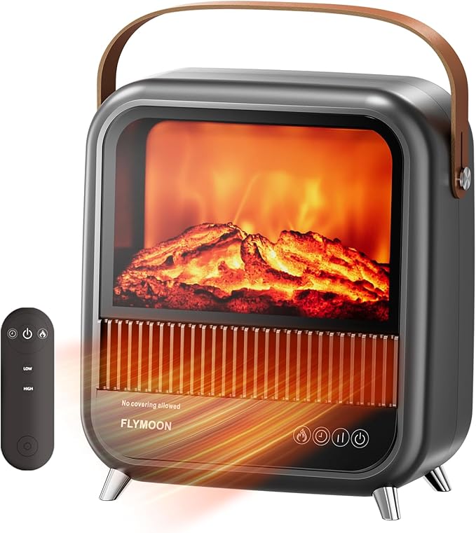 FLYMOON 11.8” Electric Fireplace Heater, Fireplace Heater with 3D Different Flame Effects, 750/1200W, Timer, Electric Fireplace Heaters with Overheating & Tip-Over Protection, Indoor Fireplace