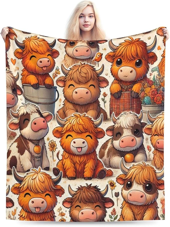 Highland Cow Blanket Soft Warm Cute Cattle Plush Throw Blanket Cozy Lightweight Animal Flannel Fleece Bedding Stuff Decor Blanket Gifts for Lover Girls Boys Kids Women Adults Bed Travel 50"x60"