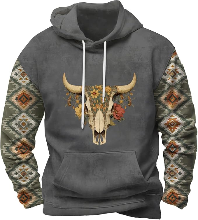 Mens Hooded Sweatshirt Vintage American Element Long Sleeve Fall Hoodie Classic Drawstring Front Pocket Pullover