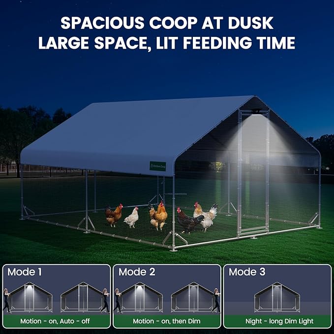 Large Chicken Coop with Chicken Run & Hardware Cloth, Solar Light, Waterproof & UV-Resistant Cover, Outdoor Poultry Cage for Farm Use,2 Room