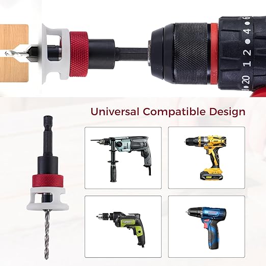 Countersink Drill Bit, 1/8" x3/8" Carbide Tipped Drill Bits with Depth Stop, 1/4" Quick Change Hex Shank Countersink Drill with Replaceable HSS Pilot Drill Bit for Plastic, Woodworking