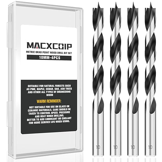 10MM Metric Brad Point Wood Drill Bit Set, 4Pcs Drill Bit Set with Double Flutes Design for Carpenter Woodworking and All Types of Wood