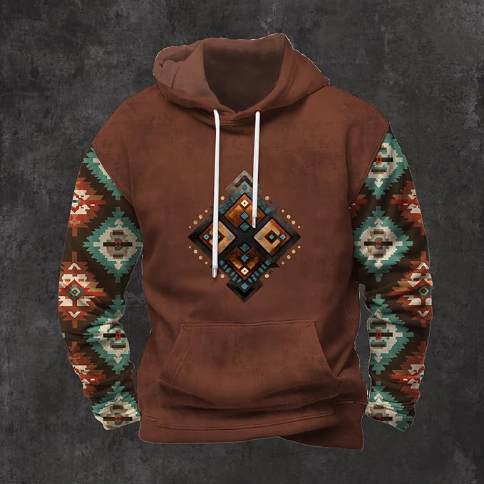 Mens Hooded Sweatshirt Vintage American Element Long Sleeve Fall Hoodie Classic Drawstring Front Pocket Pullover