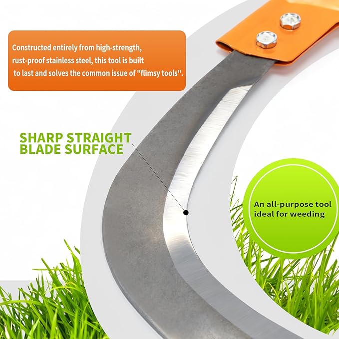 Weeding Sickle, Stainless Steel Long-Handled Lightweight Sickle, Serrated Double-Edged Steel Grass Sickle, Extended Upright Weeding Scythe, for Garden Yard Gardening Pruning