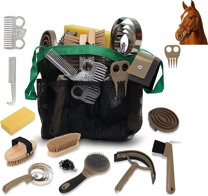 Swess Horse Grooming Kit 14 Piece, Horse Brushes Set for Grooming & Bathing Supplies, Professional Horse Supplies with Mane & Tail Comb, Curry Comb, Hoof Pick, Gloves & Mesh Tote Bag for Equine Care