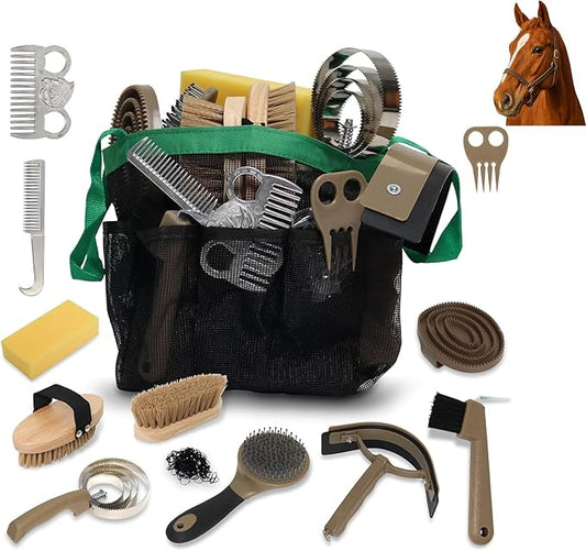 Swess Horse Grooming Kit 14 Piece, Horse Brushes Set for Grooming & Bathing Supplies, Professional Horse Supplies with Mane & Tail Comb, Curry Comb, Hoof Pick, Gloves & Mesh Tote Bag for Equine Care