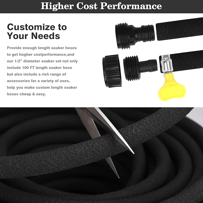 1/2" Soaker Hose for Garden Drip Hose Irrigation System with Solid Brass Fitting for Lawns Flower Beds & Vegetable Gardens (150FT)