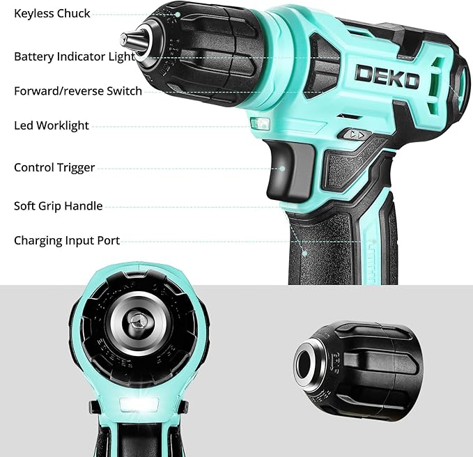 DEKOPRO 8V Cordless Drill Set: 126 Piece Tool Kit with Drill, Home Tool Set for Women, Turquoise