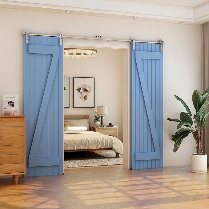TSMST 9.6FT Sliding Barn Door Hardware Kit, Top Mount Stainless Steel Heavy Duty Sturdy Barn Door Track for Double Wood Door, Slide Smoothly Quietly (I Style)