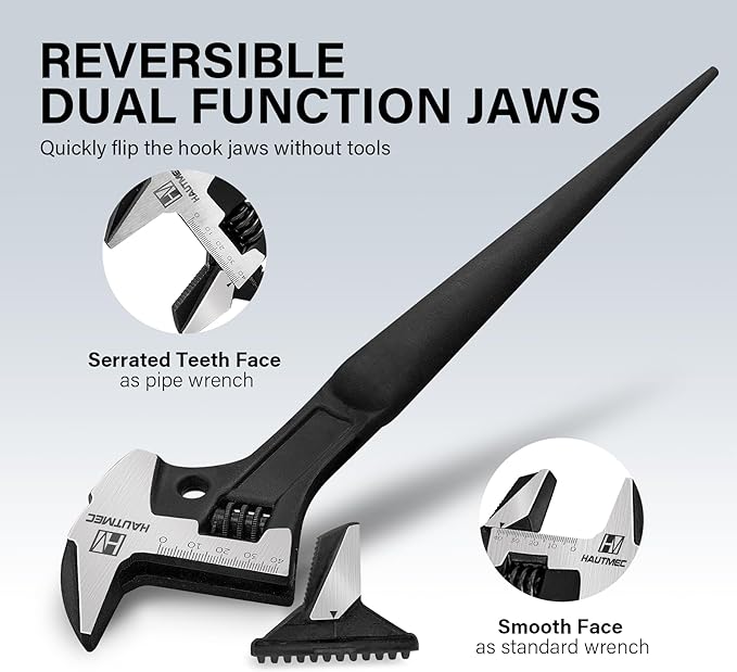 HAUTMEC 16inch Adjustable Spud Wrench, 4 in 1 Multifunctional Spud Wrenches, Adjustable Wrench and Hammer, Extra Wide Jaw Up to 1.6" (41mm) Metric & SAE Scale, Oxide Finish, for Garage Workshop DIY