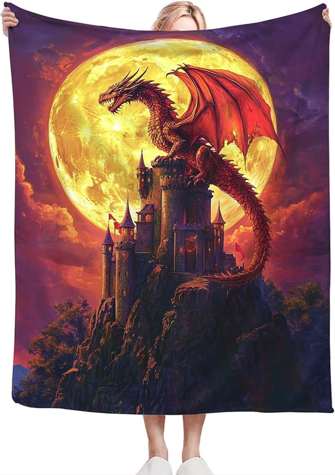 Dragon Blanket, Full Moon Throw Blankets, Dragons Space Fuzzy Plush Blanket Ultra Soft for Dragon Lover Gift Kids Teens Women Men Girls Boys Stuff Decor for Bedding Sofas Couch 80"X60"