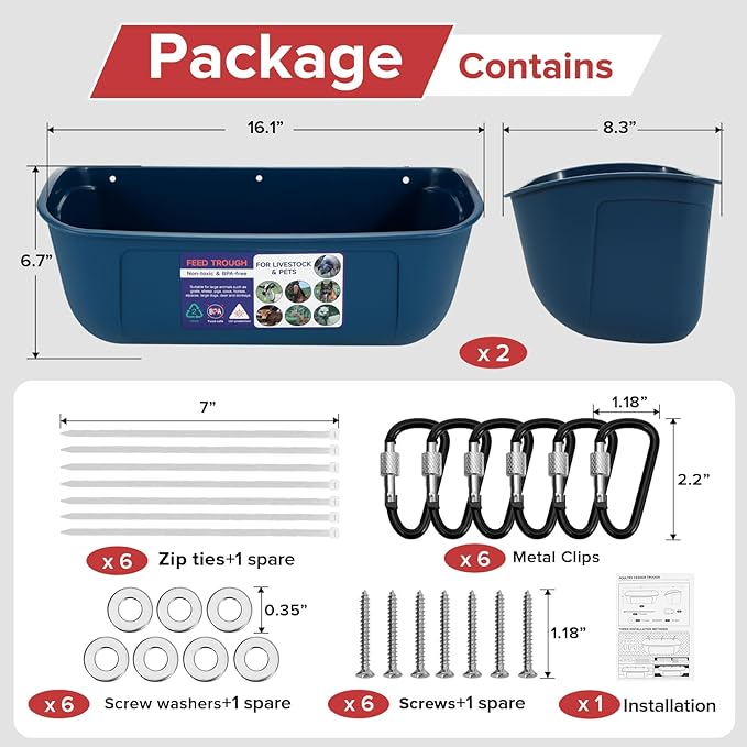 Goovilla Large Feed Trough, Hanging or Screw-in Fence Feeder with Clips, 2 Pack 9 Quart Goat Feeding Supplies, Dog Horse Hog Pig Livestock Poultry Plastic Feeder Trough Bucket for Large Animal, Blue