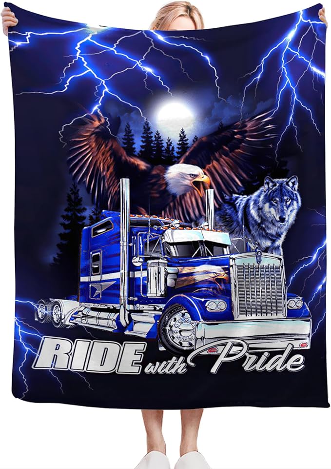 Semi Truck Blanket Decor Gifts for Trucker, Truck Flannel Fleece Fuzzy Lorry Throw Blankets, Soft Warm Cozy Plush Eagle Wolf Stuff Blanket for Kids Adult 50"x40"