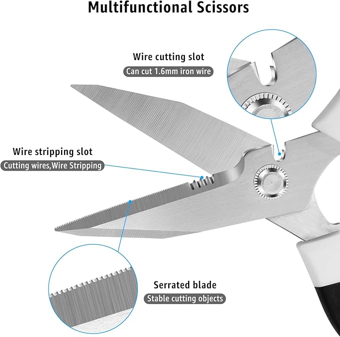 8-Inch Utility Scissors All Purpose Heavy Duty, Serrated Blade, White Comfort Grip for Cutting Carpet, Cardboard, Leather, Fabric, Multipurpose Sharp Shears for Kitchen, Garden, Office, Carft