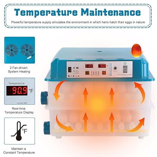 120 Egg Incubator with Automatic Egg Turning and Temperature Control | Humidity Monitor | Large Incubator for Hatching Eggs | Poultry Hatcher Machine | Dual Air Vent 360° Clear View