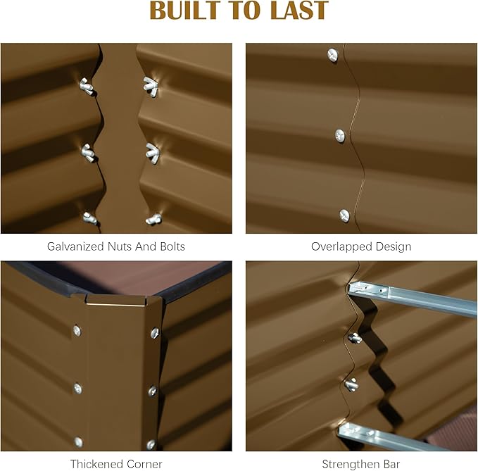 Domi 8x4x1.5ft Metal Raised Garden Beds Outdoor, Thickened Galvanized Steel Deep Root Planter Box with Stabilizing Bars & Rubber Edging for Vegetables, Flowers, Herbs - Brown