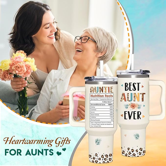 Mothers Day, Christmas, Birthday, Gift for Auntie, Aunts - Gifts for Aunt, Auntie - Aunt Gifts from Niece, Nephew - Gift for New Aunts - 40oz Tumbler With Handle & Straw