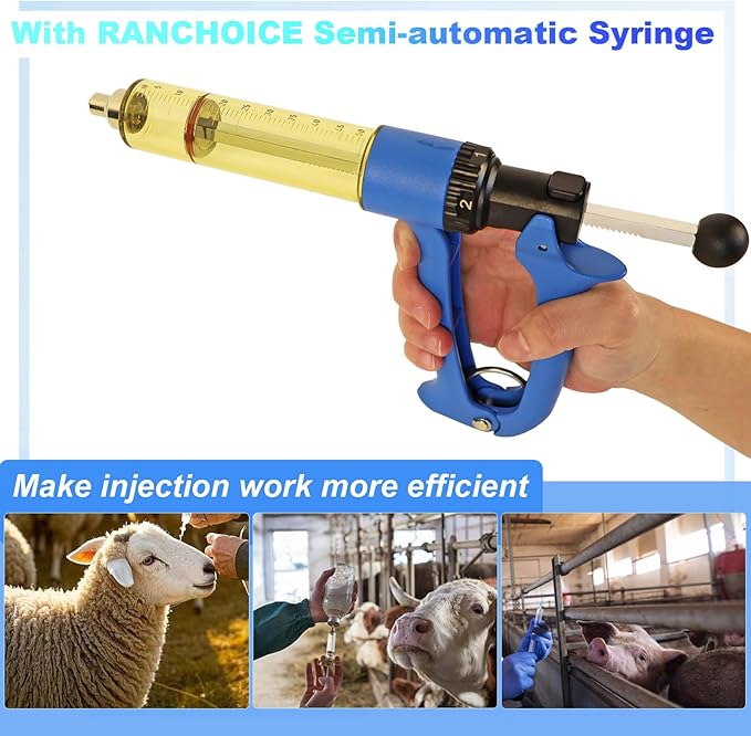 50ML Semi Automatic Livestock Syringe, with Extra 3 Colored Piston Rod Knobs, Adjustable Continuous Repeating Luer Lock Syringe for Cattle Cow Goat Sheep Pig