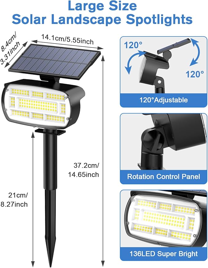 Fabrito Solar Spot Lights Outdoor 136 LEDs, Big Brighter Lighting Solar Lights Outdoor, 6 Pack IP65 Waterproof Landscape Spotlights Auto On/Off for Yard, Garden, Pathway, Plants,Tree (Cool White)
