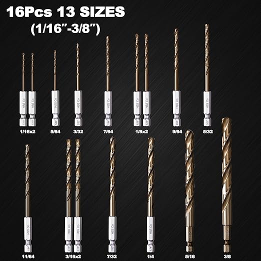 1/4 Hex Shank Cobalt Drill Bit Set 16Pcs 1/16"-3/8", M35 HSS Twist Impact Drill Bits for Metal and Hardened Steel, with Indexed Storage Case