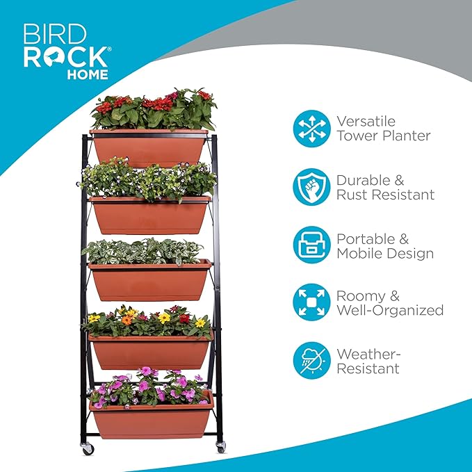 BIRDROCK HOME 5-Tier Vertical Garden Planter Bed - Raised Flower Stand - Rolling Plant Tower - Weather Resistant Box - Indoor or Outdoor - Herbs Flowers Berry’s Vegetables - Metal