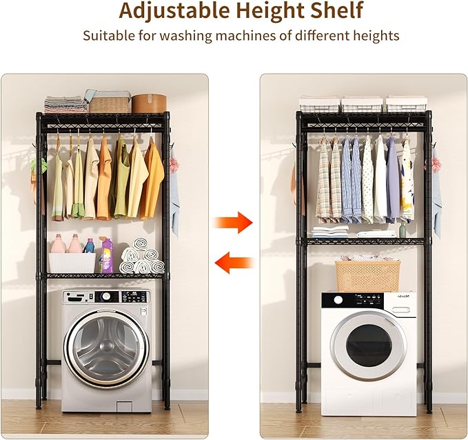 Over Washer and Dryer Shelves,2 Tier Adjustable Height Wire Shelving Laundry Room Storage Organization Clothes Drying Rack with Hanger Rod&Hooks,Space Saving Organizers Shelf,Black