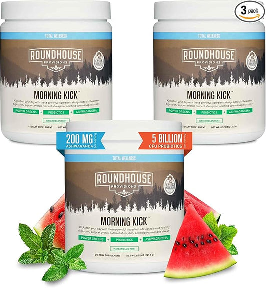 ROUNDHOUSE PROVISION Morning Kick by Chuck Norris - Watermelon Mint Flavor - Greens Superfood Powder with Probiotics, Collagen Peptides & Ashwagandha to Help Support Gut & Joint Health, 3 Pack