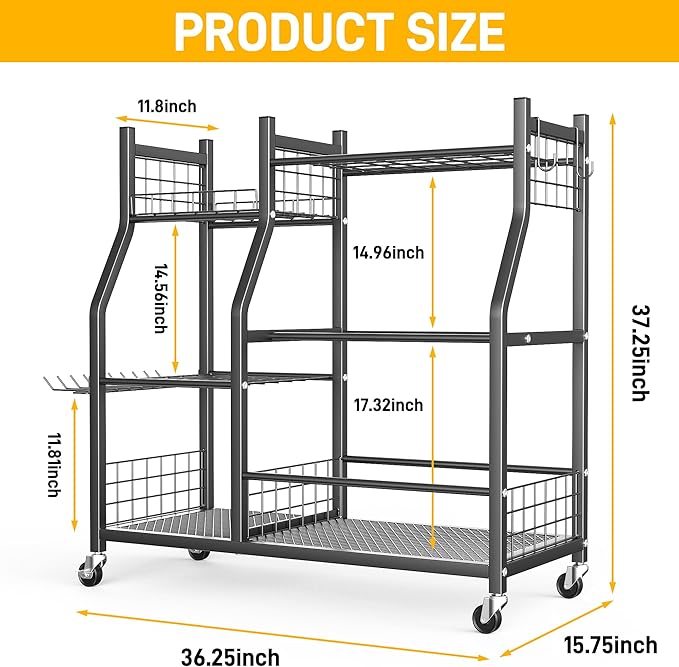 Ultrawall Garden Tool Organizer, Yard Tool Storage Rack for Garage Organization with Lockable Wheels, Garden Tool Stand for Rake, Brooms, Indoor & Outdoor Use