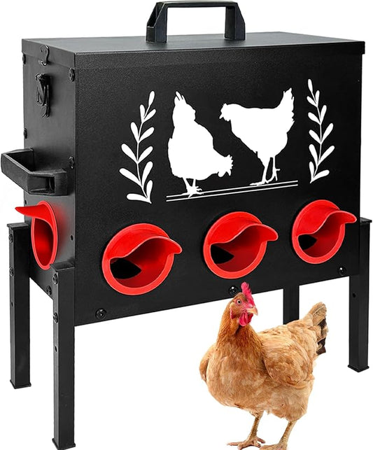 Chicken Feeders, 50 lb Capacity 8 Port Automatic Chicken Feeder, Metal Chick Feeders with Locking Lid and Legs, Chicken Feeder for Chickens, Ducks, Geese