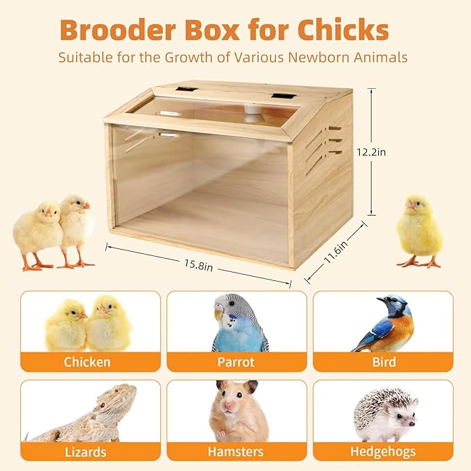 15.74 x 11.81 x 11.81” Chick Brooder Box with Heating Lamp, Poultry Brooder with Heaters, Wooden Brooder Box for Baby Chicks, Ducks, Quail and Birds